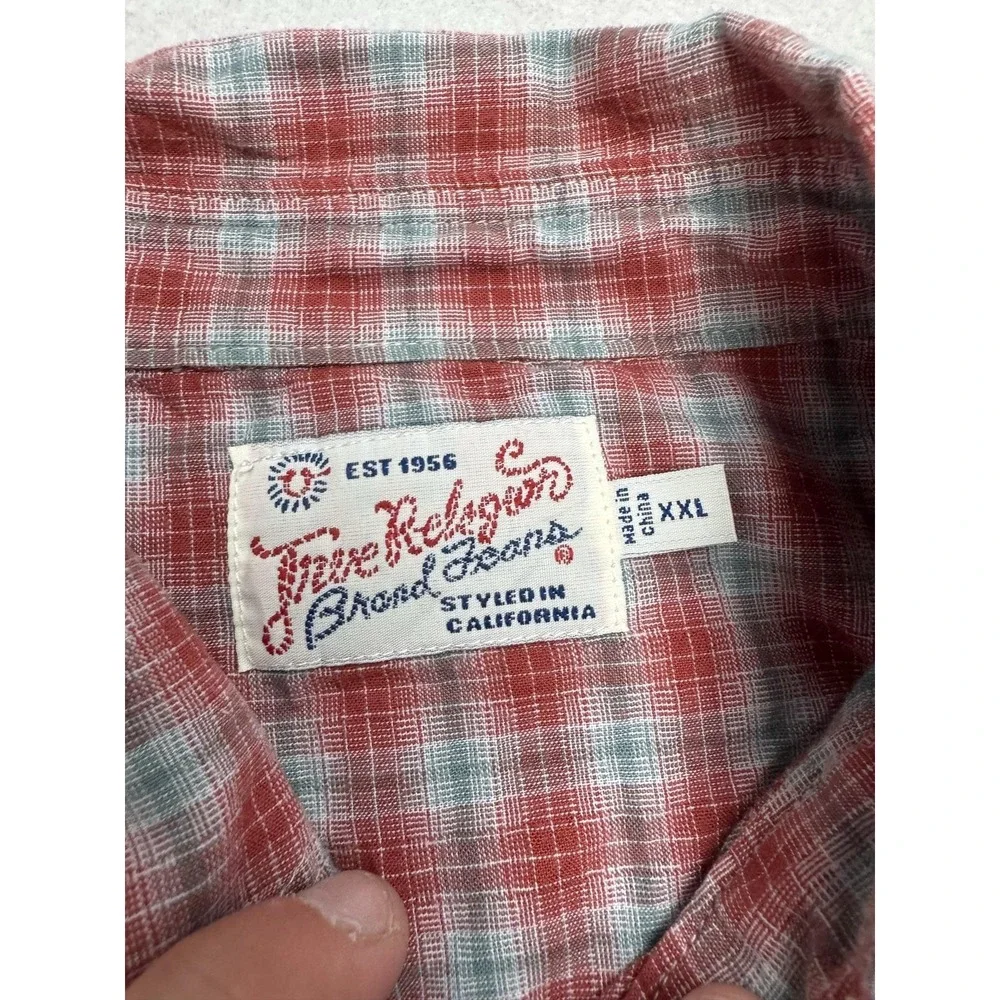 True Religion Shirt Mens 2XL Red Plaid Short Sleeve Western Pearl Snap Pockets